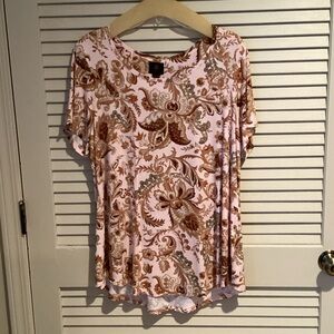 JM Collection Pink and Brown Paisley Short Sleeve Top